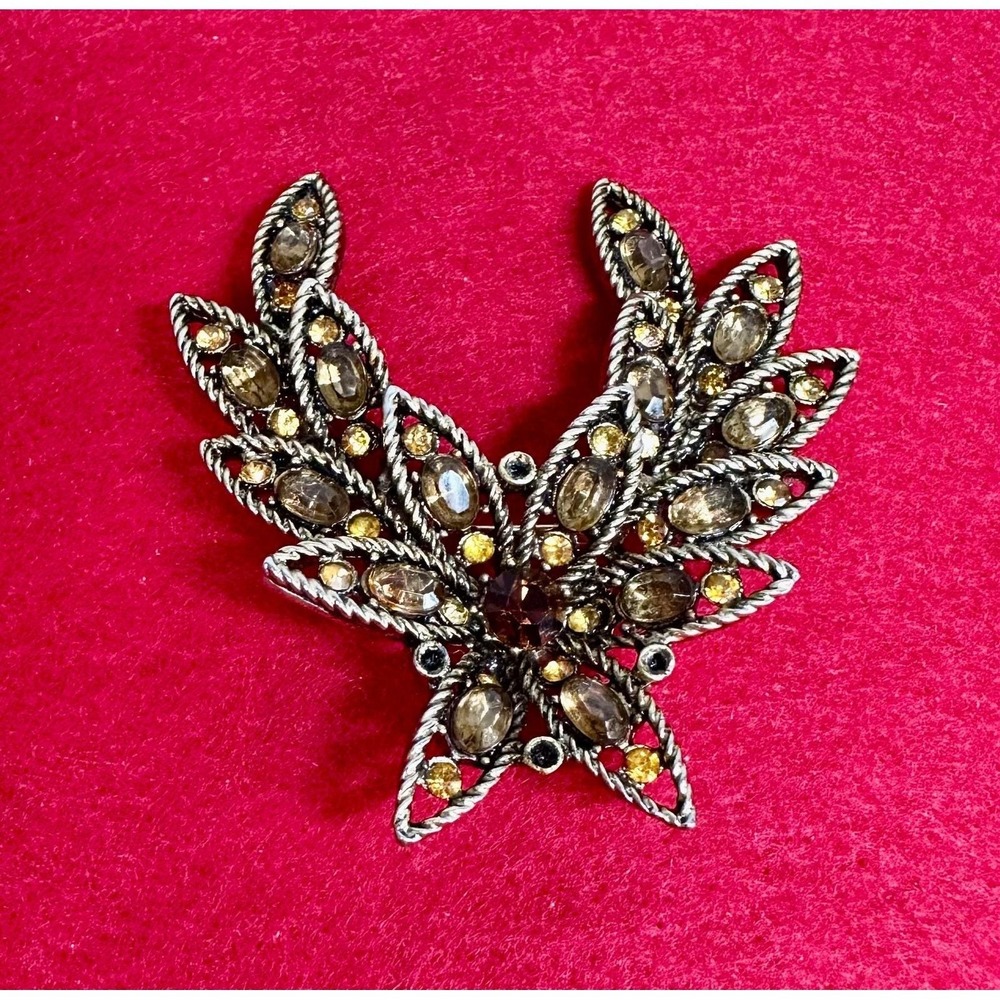 Hollycraft Signed Vintage Leaf Brooch Amber Rhinestone Gold Tone 1950s
